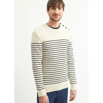 Pull marin en laine Saint James pour Homme, Binic Ecru/Marine