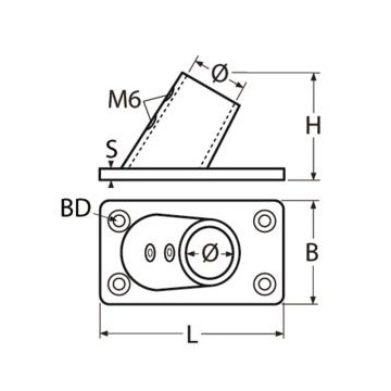 Embase inox rectangulaire de tube Ø22mm angle 60°