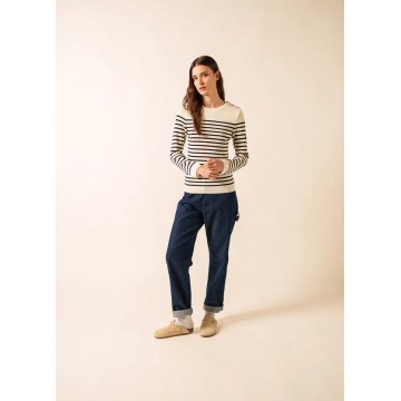 Pull marin pure laine rayé Saint James Marée, Ecume/Navy