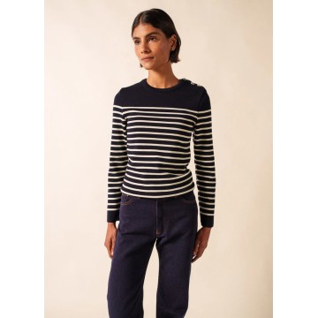 Pull marin pure laine rayé Saint James Marée, Navy/Ecume