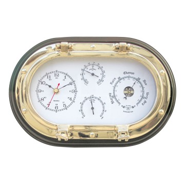 Uhr, Barometer, Thermometer und Hygrometer mit Sichtfenster aus poliertem Messing und Holz