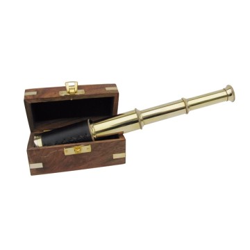 Longue-vue en laiton et cuir 25cm avec boite en bois