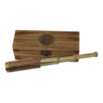 Fernrohr aus Messing und Leder, 25 cm, mit Holzkasten