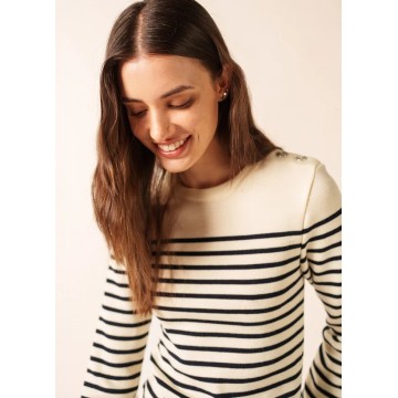 Pull marin pure laine rayé Saint James Marée, Ecume/Navy