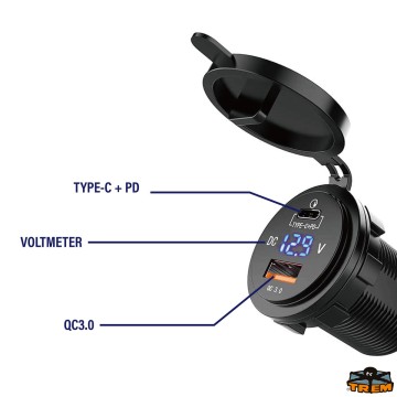 Prise USB QC 3.0 & USB-C Power Delivery avec voltmètre LED - 12/24 V