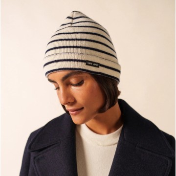 Bonnet Saint-James rayé en pure laine, TU Ecru/Marine