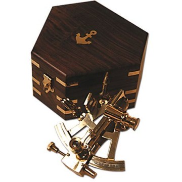 Mini-Sextant aus poliertem Messing mit Holzschatulle